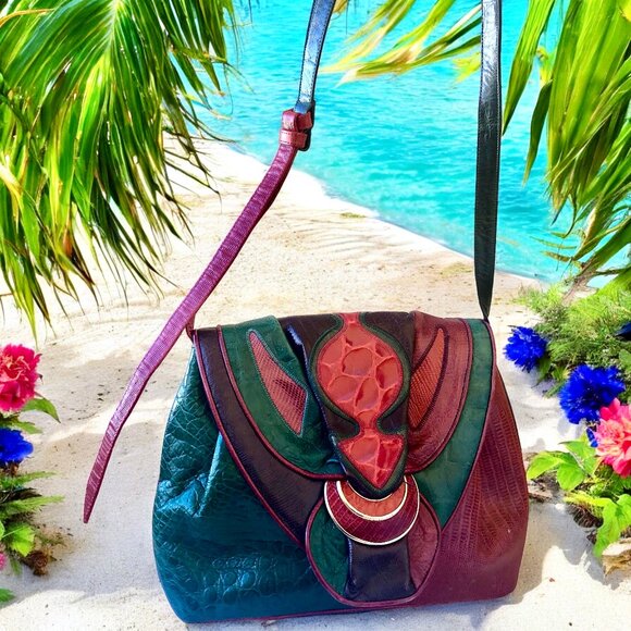 Sharif Vintage 80's USA Leather Shoulder Handbag Snakeskin Croc Print - Picture 5 of 15